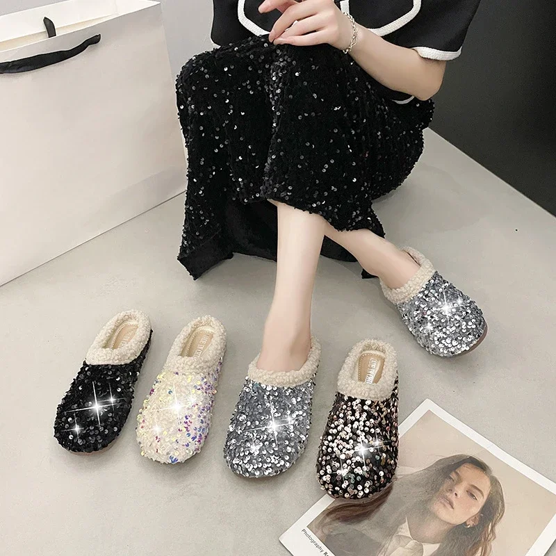 

2024 Winter New Plus Fleece Covered Head Sequin Cotton Slippers Women's Fashion Flat Plush Slippers Women's Shoes