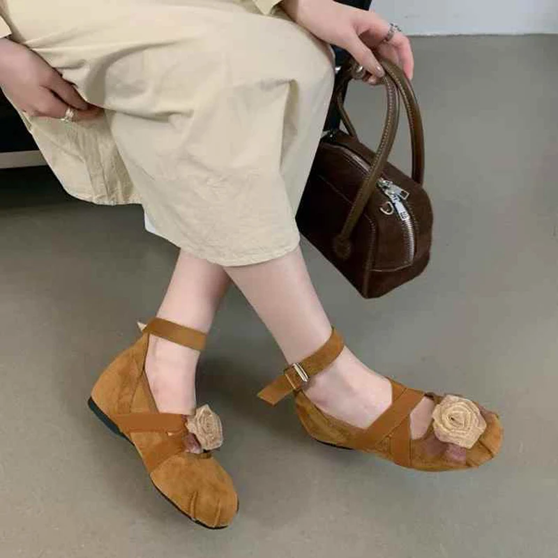 

Brown Heels Woman Mary Janes Pumps Big Flower Belt Cross Wedges Shoes Classic Round Toe Ballet Heels Black Ladies Fall Shoes