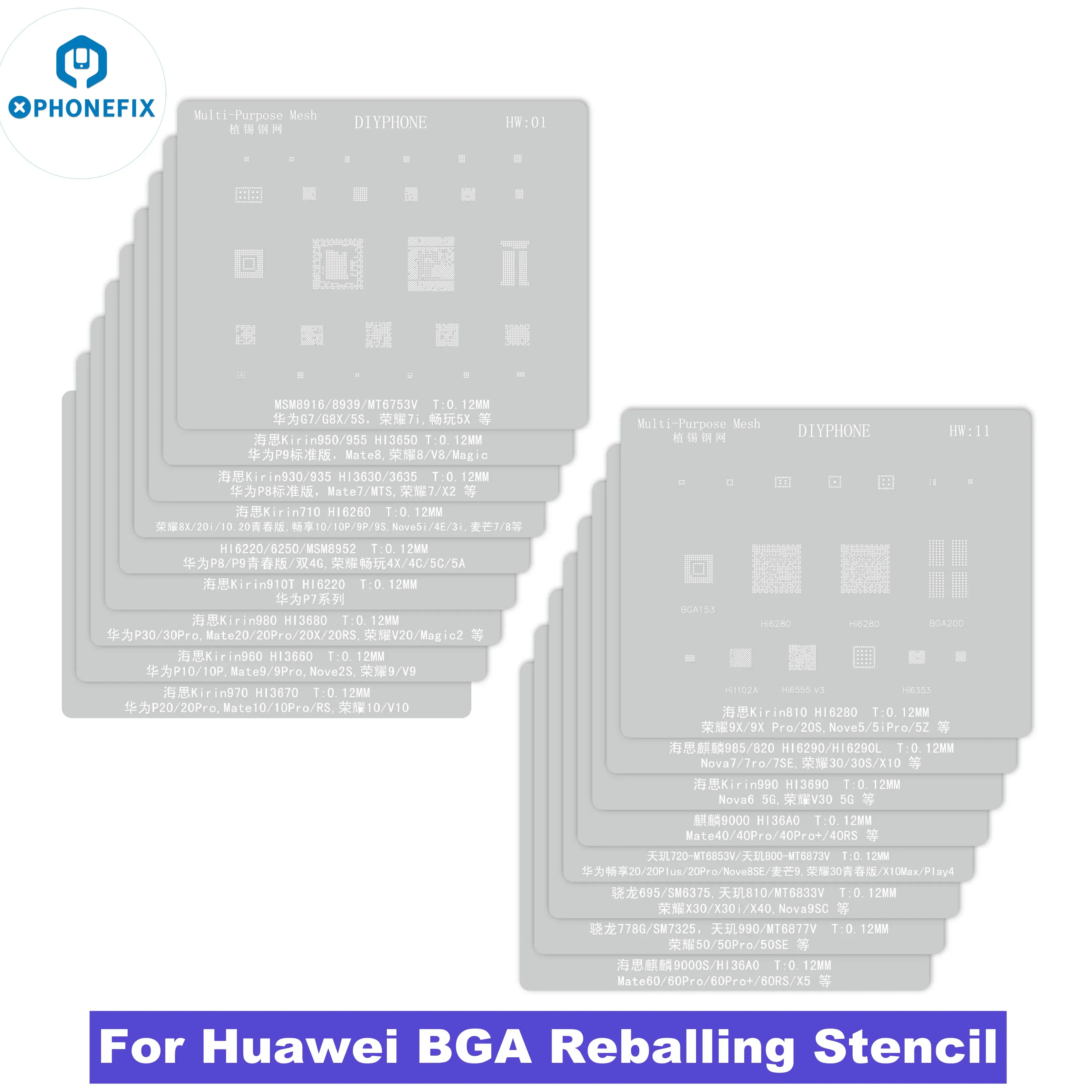 HW1-18 BGA Reballing Stencil Kirin 9000S HI36A0 for Huawei Mate 60/60Pro/60RS/X5/Honor X30 /V20/Magic 2 CPU PCB IC Steel Mesh