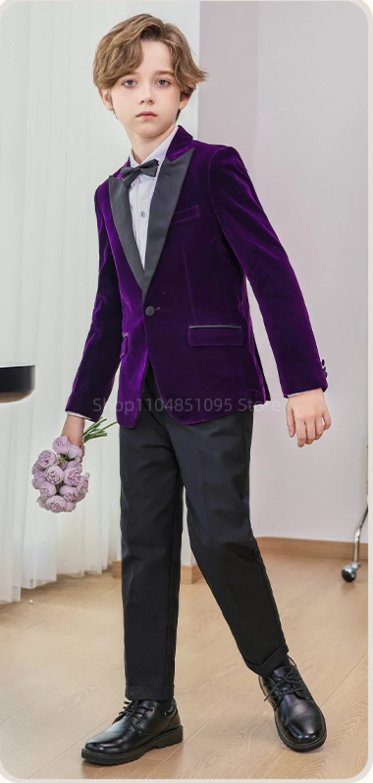 

Purple Velvet 2 Piece Boys Suit For Wedding Kid Formal Ceremony Tuxedo Dress Photograph Blazer Evening Party Performance Costume