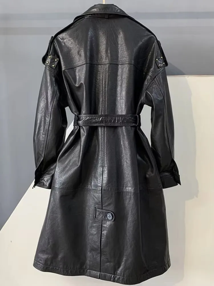 Chaqueta de Cuero Genuino con Solapa Estilo Conciso, Botones, Color Sólido, Mangas Largas, de Piel de Vacuno, Ajustada, para Mujer, Prenda Exterior de Moda