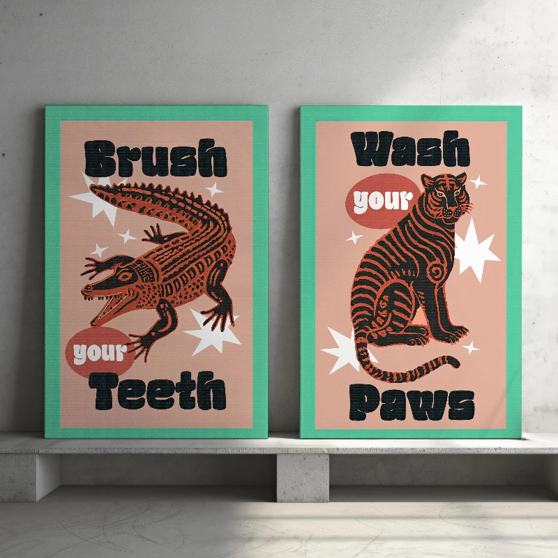 2 Pósters Educativos y Divertidos de Limpieza Dental y de Patas, con Diseño de Tigre y Cocodrilo, Decoración para Baño, Regalo