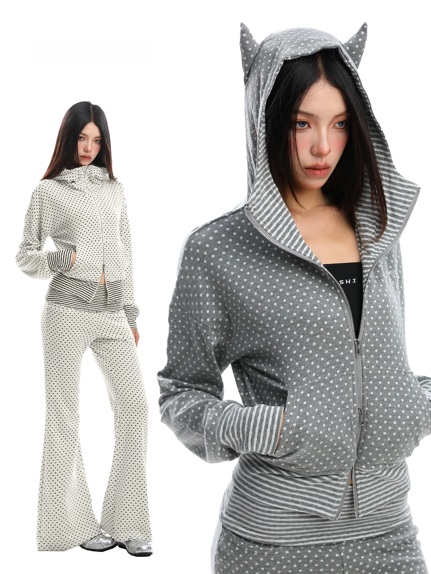 

Женская толстовка с капюшоном Slim Fit Long Sve в горошек, кардиган с двойной молнией Jaet Street Sle, осенняя модная верхняя одежда