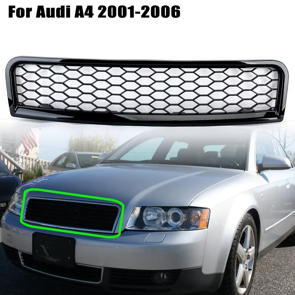 

Черная сотовая сетка-бампер, верхняя решетка для Audi A4 B6 2001 2002-2006, ABS 8E0853651F, решетка, автомобильные аксессуары, гоночные грили