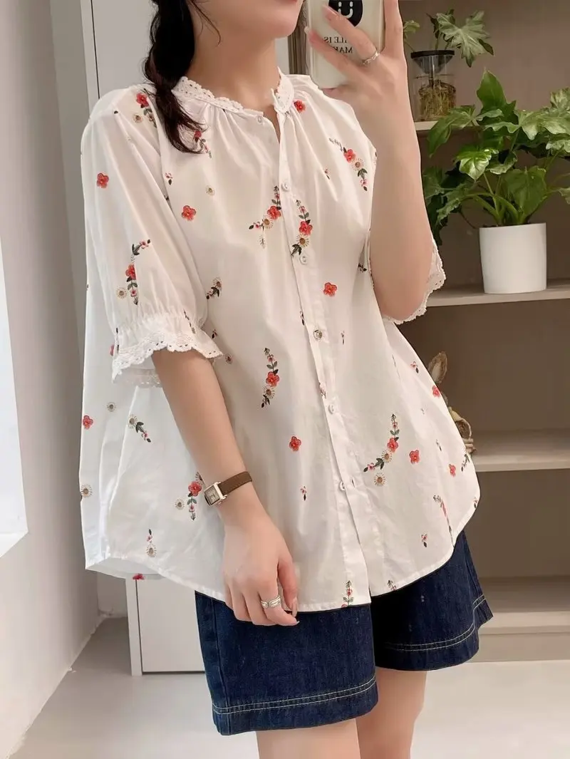 New Spring Cotton Retro Shirt Women Ruched Collar Floral Print Blouse Girl Short Sleeve Fashion Sweet Top 2024 Summer T453123QM