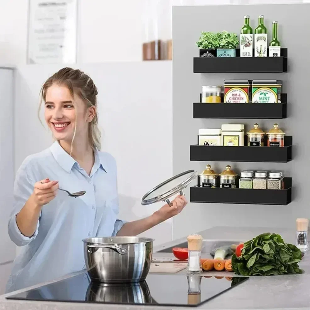 2pcs Magnetic Storage Shelf Spice Sundry Side Storage Rack Hanging Basket Space Saving Kitchen Organizer Shelf Household Holder
