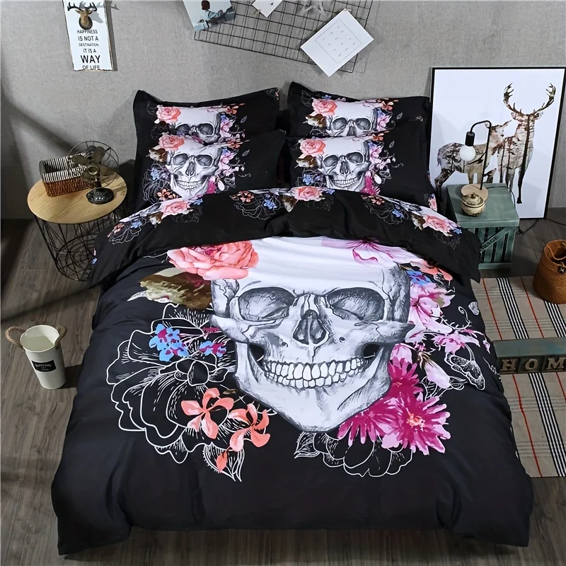 3D Pattern Effect Skull Flower Skull Bride Bedding Set Duvet Cover with Pillowcase Bedding Three-Piece Bedroom Decor Set Small