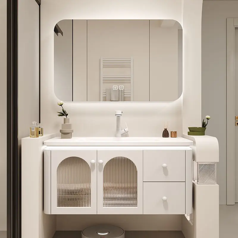 

Oak bathroom cabinet, integrated ceramic basin, storage washbasin