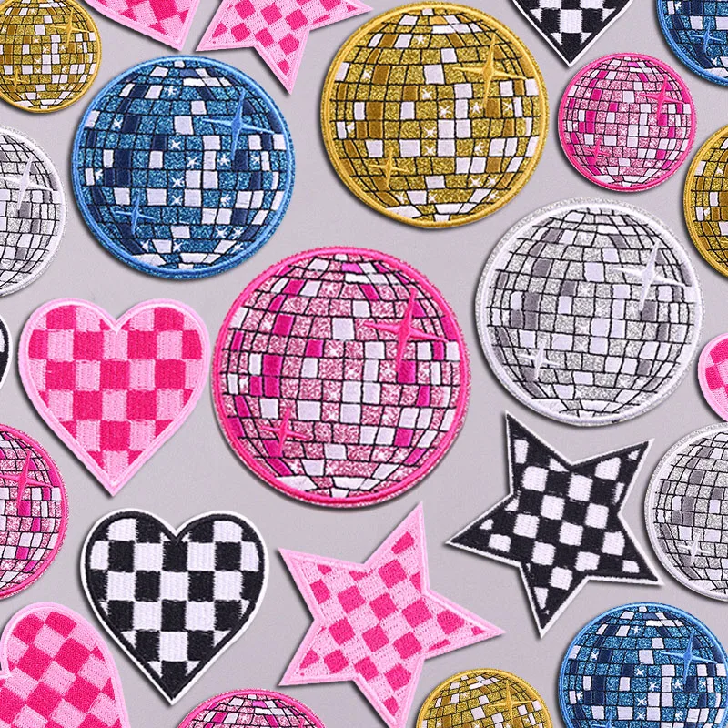 Pink Disco Ball Embroidered Patches Iron On Patches For Clothing Thermoadhesive Patches On Clothes Heart Star Ballet Shoes Patch