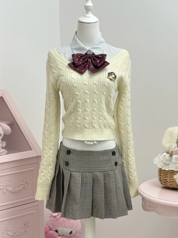 

Зимний вязаный винтажный элегантный комплект из трех предметов в консервативном стиле, женский однотонный повседневный костюм с мини-юбкой, женский милый шикарный корейский популярный костюм