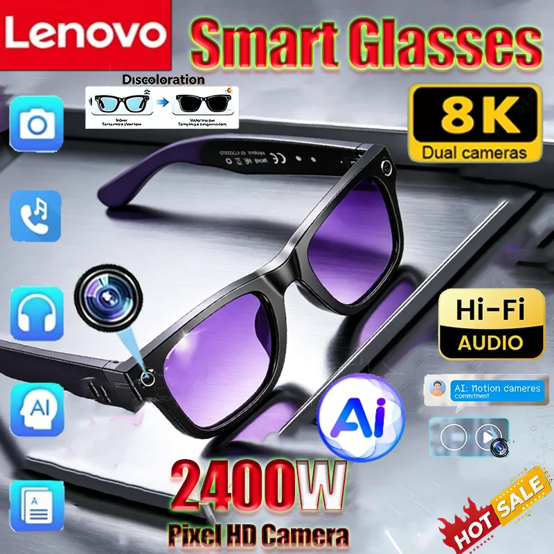 Óculos Inteligentes AI Lenovo 8KHD 2400MP para Mulheres e Homens, Chamadas Sem Fio, Registro de Bate-Papo AI, Reprodução de Música, Tradução AI, Óculos de Sol Inteligentes