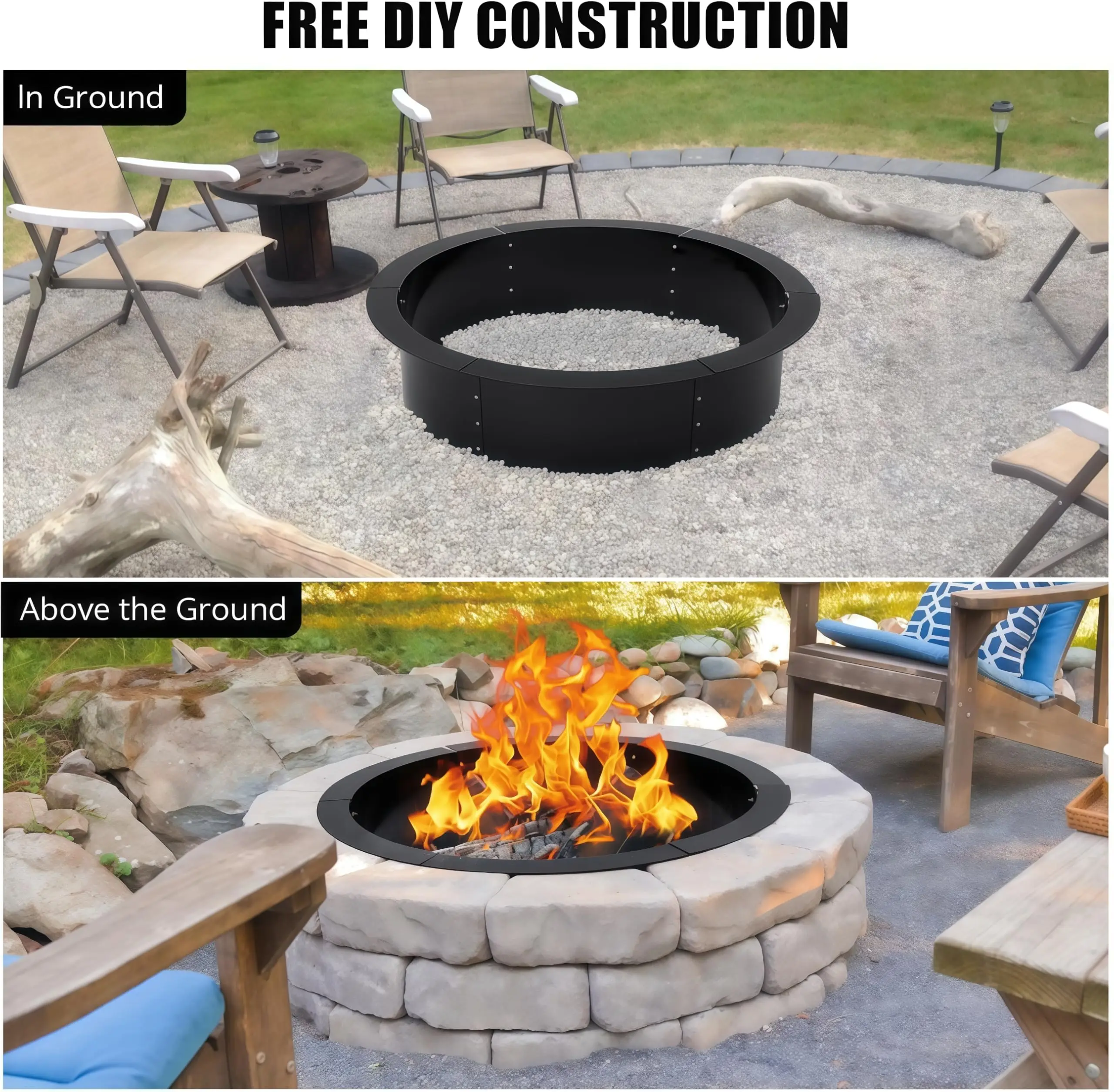 60 Inch Fire Pit Ring, Round Metal Smokeless Fire Pit Ring for Outside, Easy Install Iron Sheets, Large Round Galvanized Steel FirePit Ring for Bonfire, Camping, Backyard, Patio