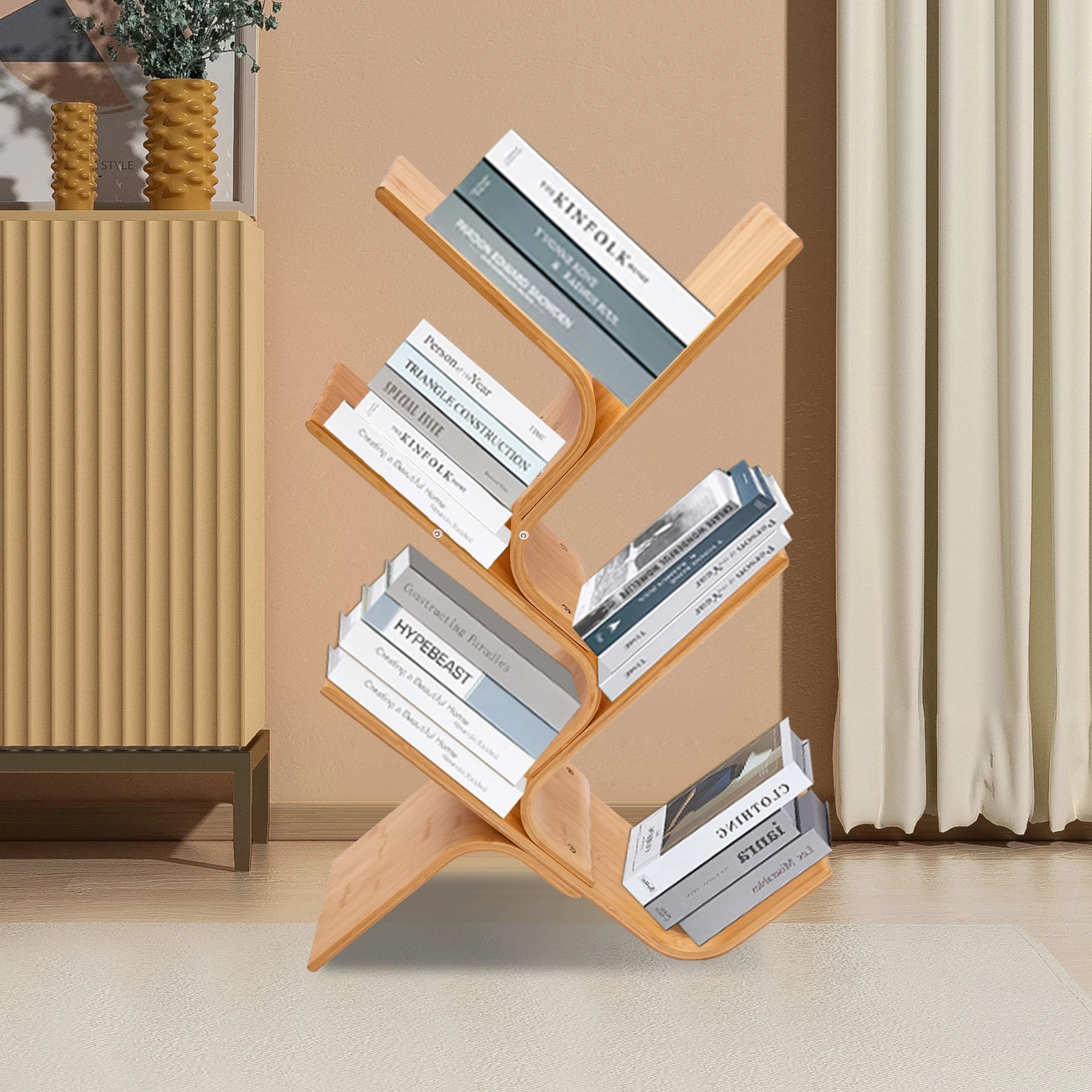 Bookcase, 5 Tier Curved Tree Design Bookcase Modern Storage Bookcase Creative Curved Bookcase for File Book Magazine CD