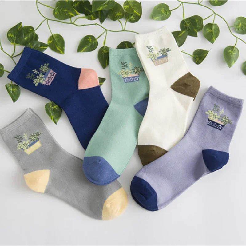 Women's Mid Length Socks, Cotton Socks Female Socks Korean Version of Sen Style Fresh Flower Pot, All Cotton