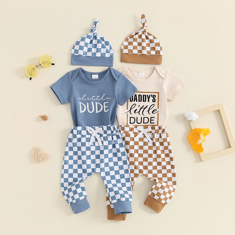 Summer Baby Boys Outfits Letter Print Crew Neck Short Sleeve Rompers Checkerboard Print Long Pants Hat 3Pcs Clothes Set