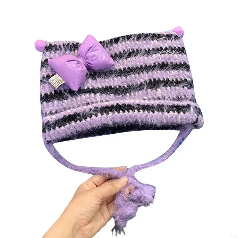 보라색 줄무늬 비니 소녀 Y2K 모자 니트 모자 두꺼운 손으로 짠 모자 스트리트 Y08E