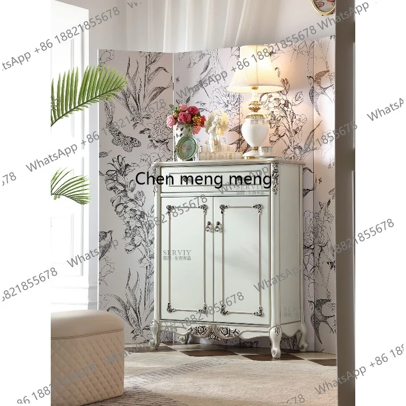 French pastoral solid wood double-door shoe cabinet European-style entrance hall engraved side cabinet