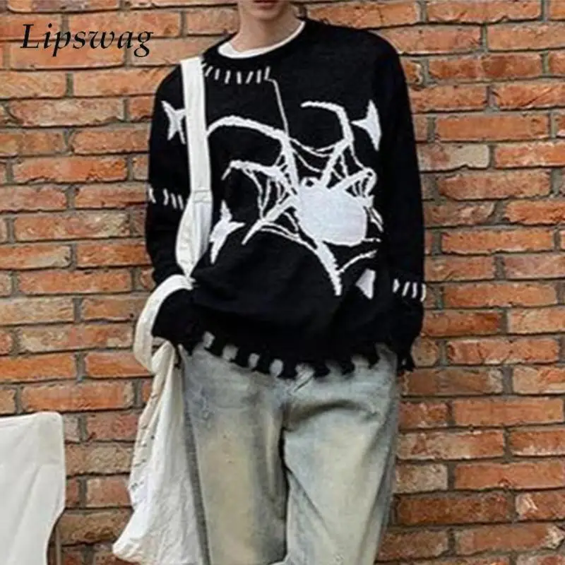 

Винтажный вязаный крючком свитер с пауком, пуловеры, мужские весенне-осенние модные рваные вязаные джемперы, мужские повседневные свитера с круглым вырезом