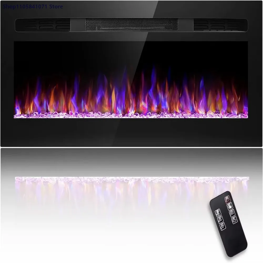 43 Inch 120V Modern Wall Mounted Electric Fireplace Realistic 3D LED Flame Wood Remote Control Low Noise Safe Indoor Use