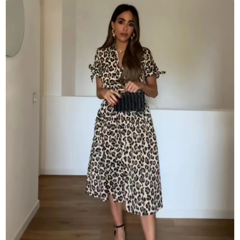Abito camicia con stampa leopardata cintura da donna abiti Midi pieghettati per donna abito lungo con bottoni estivi abito femminile a maniche corte
