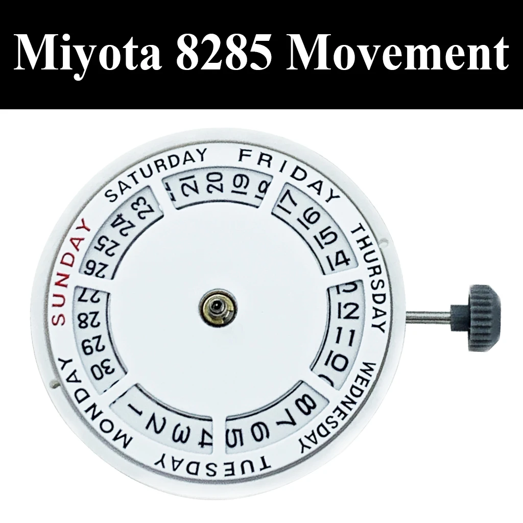Oryginalny mechanizm automatyczny Miyota 8285 z datownikiem i dniem tygodnia, dzień na godzinie 12:00/datum na godzinie 3:00, 21 kamieni.