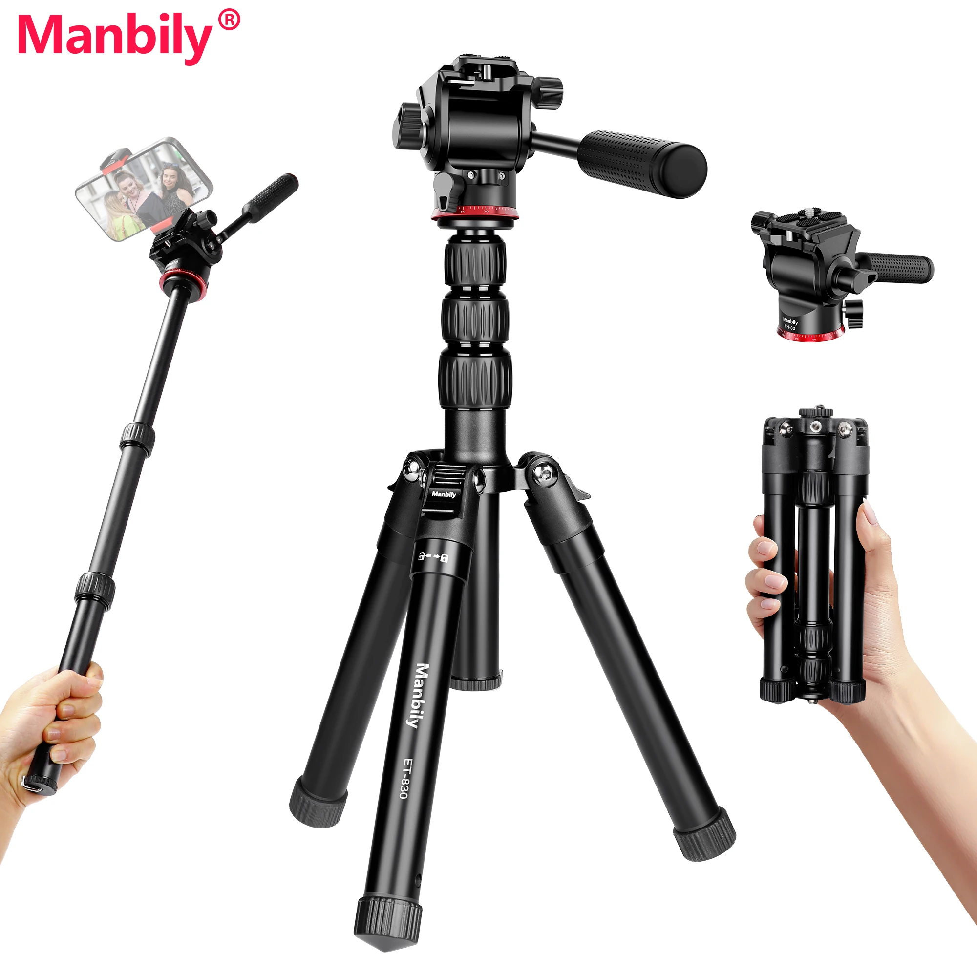 

Manbily ET-830 MINI Aluminium Alloy Portable Photographic Tripods 25mm Tube Tabletop Tripod with Ball Head
