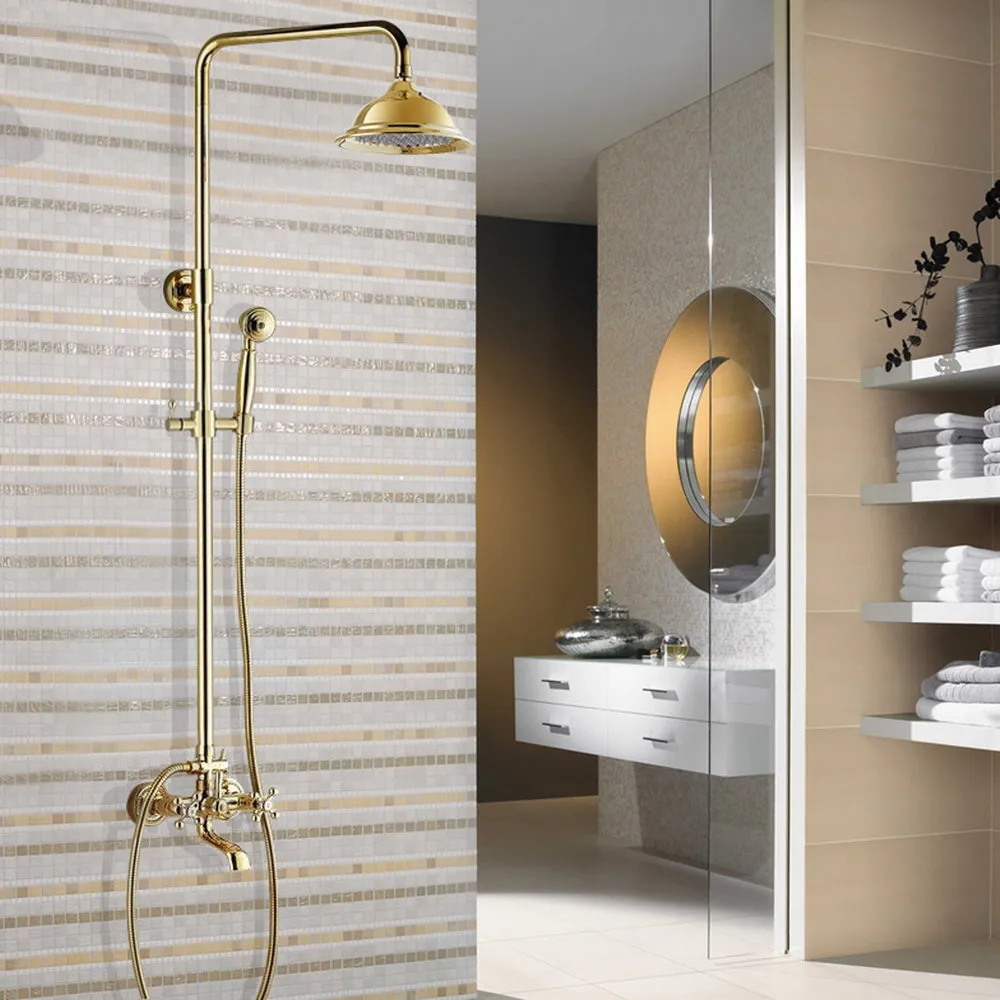 

Bathroom Shower Faucet Gold Color Brass 8" Rainfall Bath Shower Mixer Faucet Swivel Spout Shower Tap Wall Mount zgf343