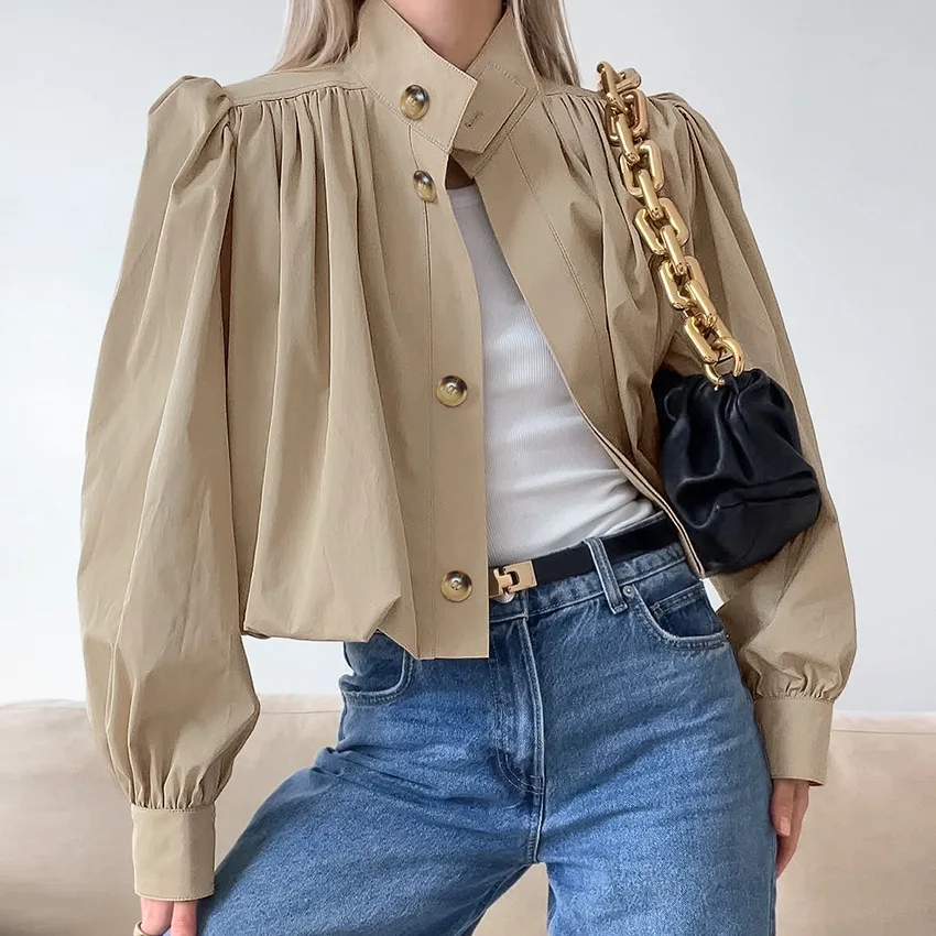 

Autumn and winter fashion casual khaki small stand-up collar long sleeve short commuter versatile coat women