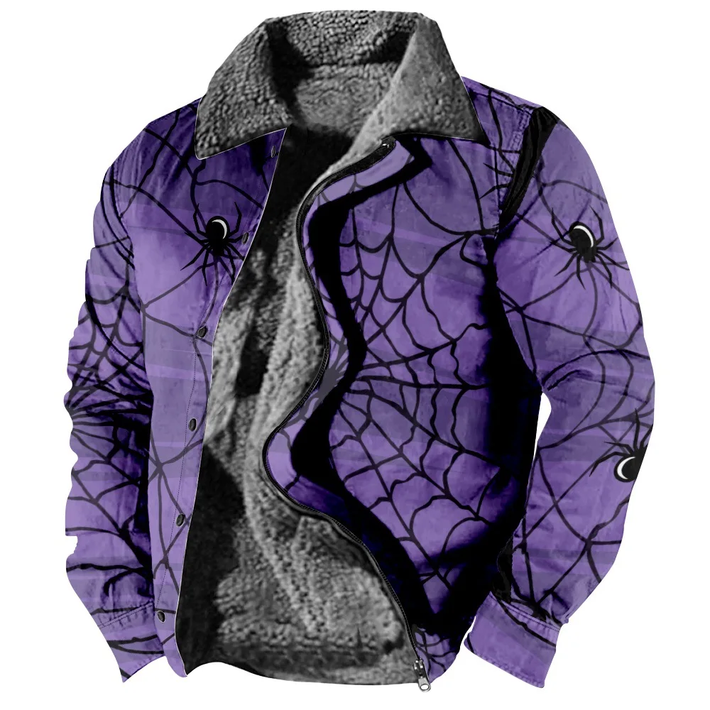 

Men Jacket Cardigans Halloween Spider Web Bat Festival Ghost Print Thick Outdoor Fleece Winter Casual Streetwear Women Clothing