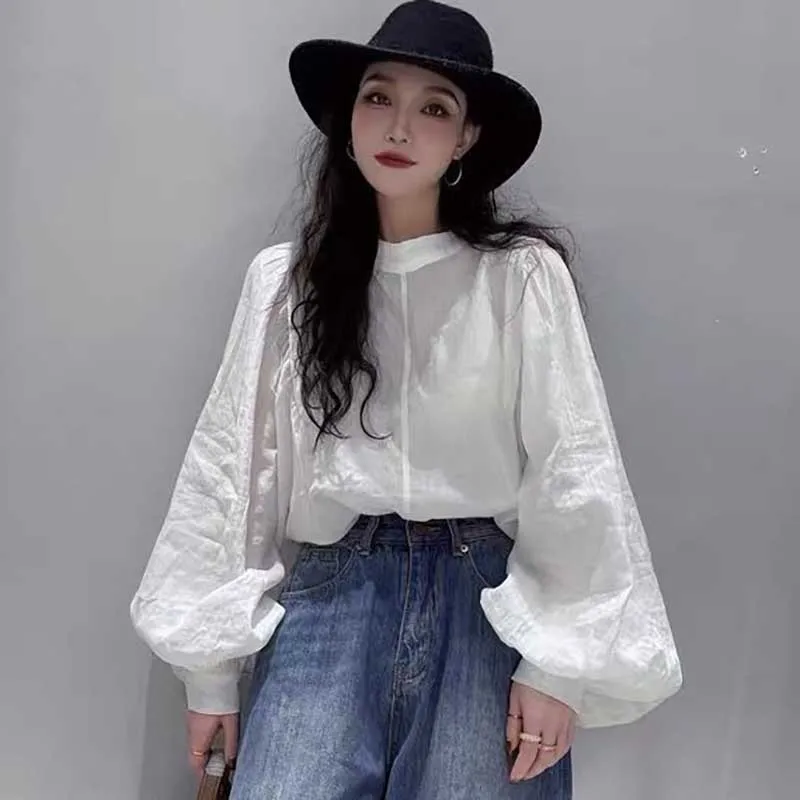 Fashion Stand Collar Solid Color Lantern Sleeve Blouses Women\'s Clothing 2024 Spring Summer New Loose Casual Tops KoreanShirts