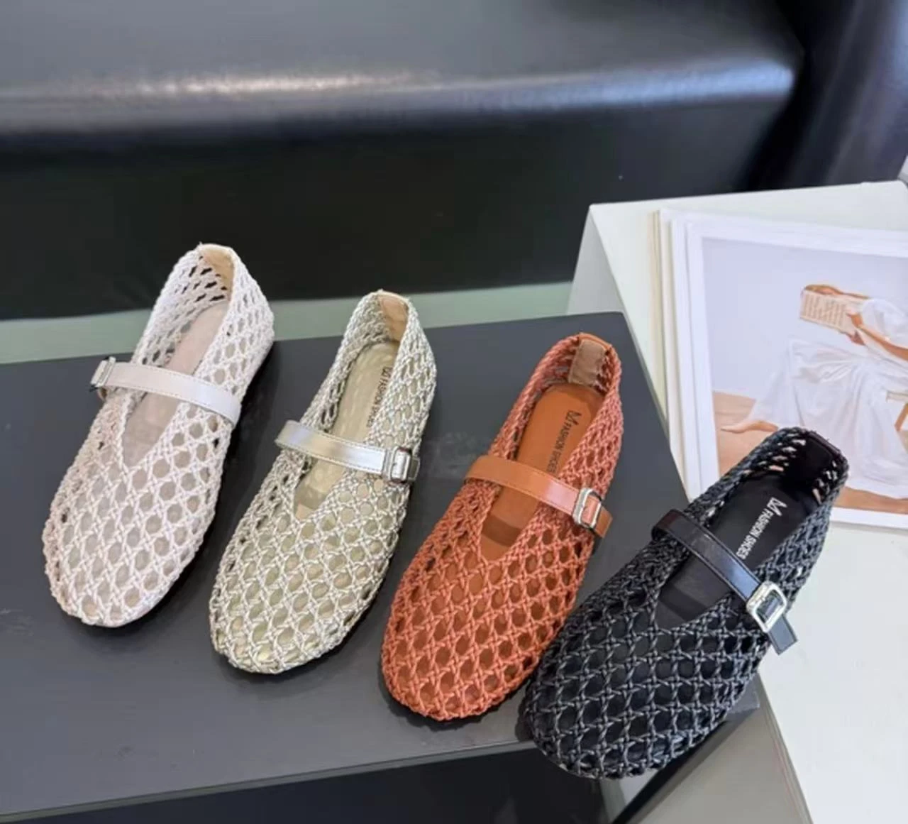 Summer New Versatile Trendy Hollow Woven Mary Jane Shoes for Women, One-strap Breathable Low-cut Flats, Granny Fishnet Shoes