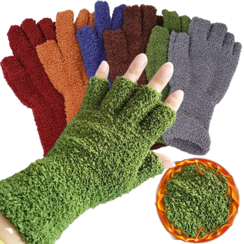 Fashion Coral Fleece Knitted Woolen Gloves Fashion Men Women Pentagram Half Finger Warm Soft Mitten Solid Color Fingerles Gloves