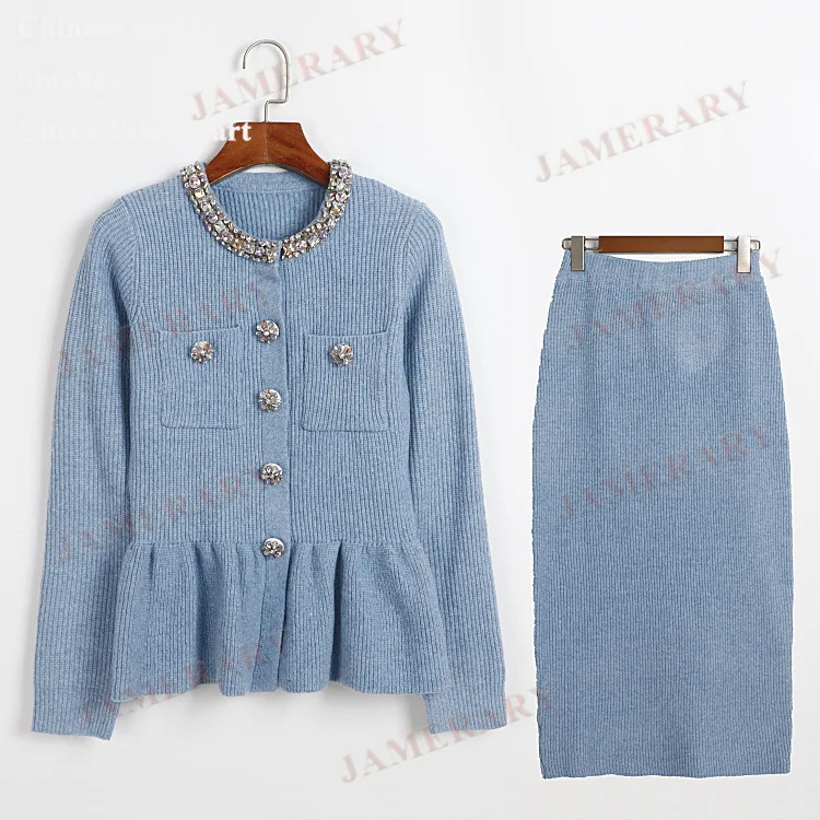 고급스러운 다이아몬드 장식 니트 투피스 세트 여성 니트 스웨터 롱 드레스 반팔 가디건 스커트 슈트