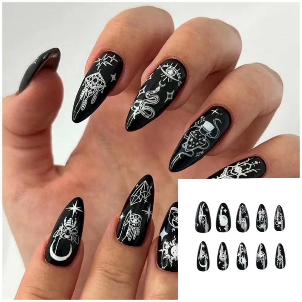 24P Black Detachable Almond French Full Cover False Nails Silver Butterfly Lines Stiletto Fake Nials Press on Nails DIY Manicure