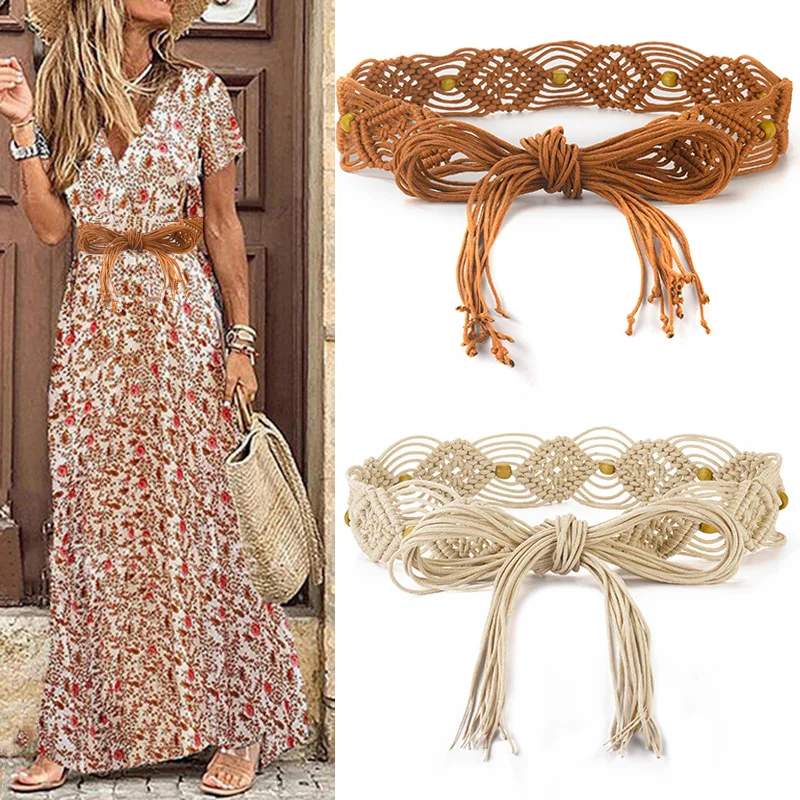 Ladies Woven Tassel Belt  Bohemian Girls Wide Waist Rope Chain Waist Belts For Dress Waistband Accessories