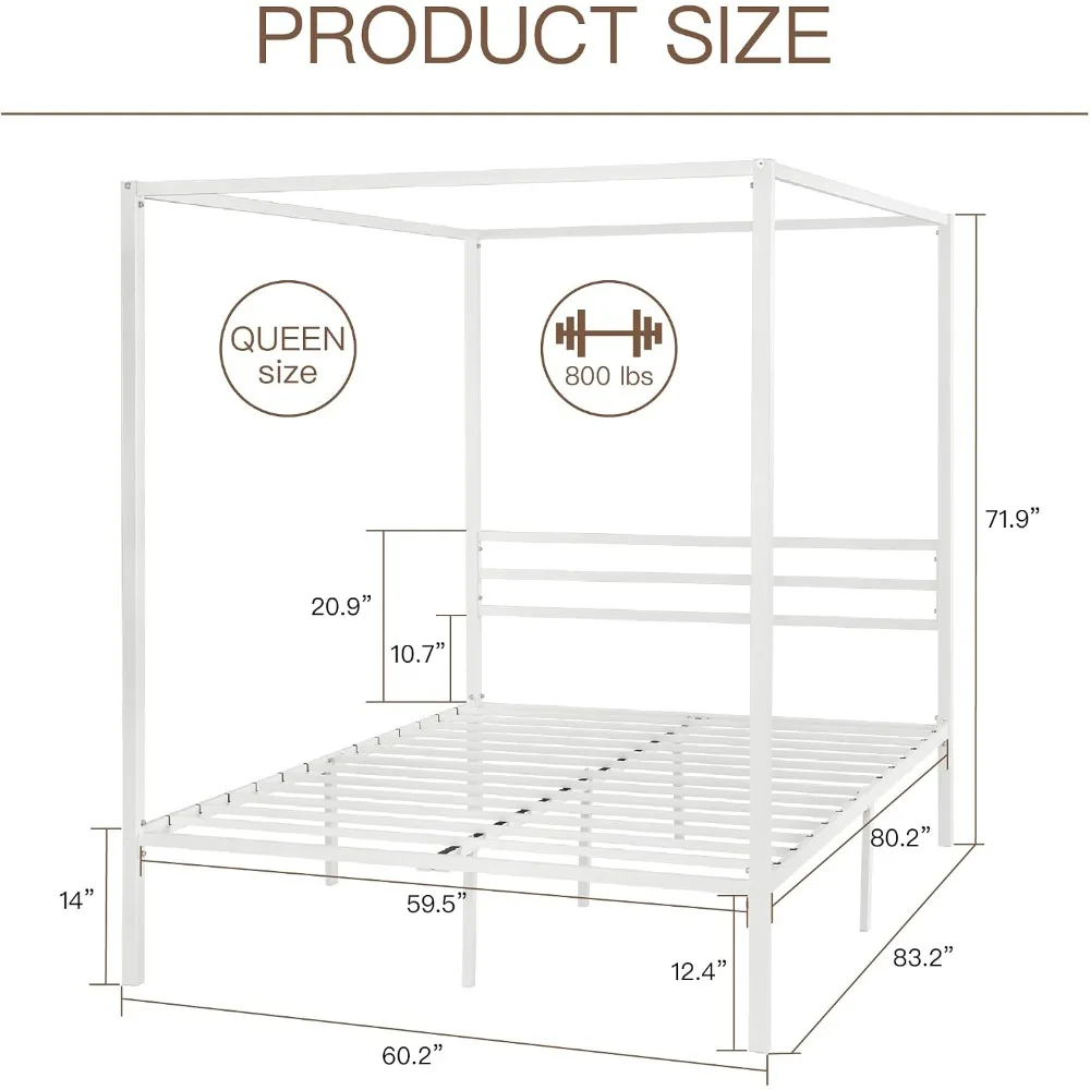 Queen Size Metal Canopy Bed Frame Heavy-Duty Support White