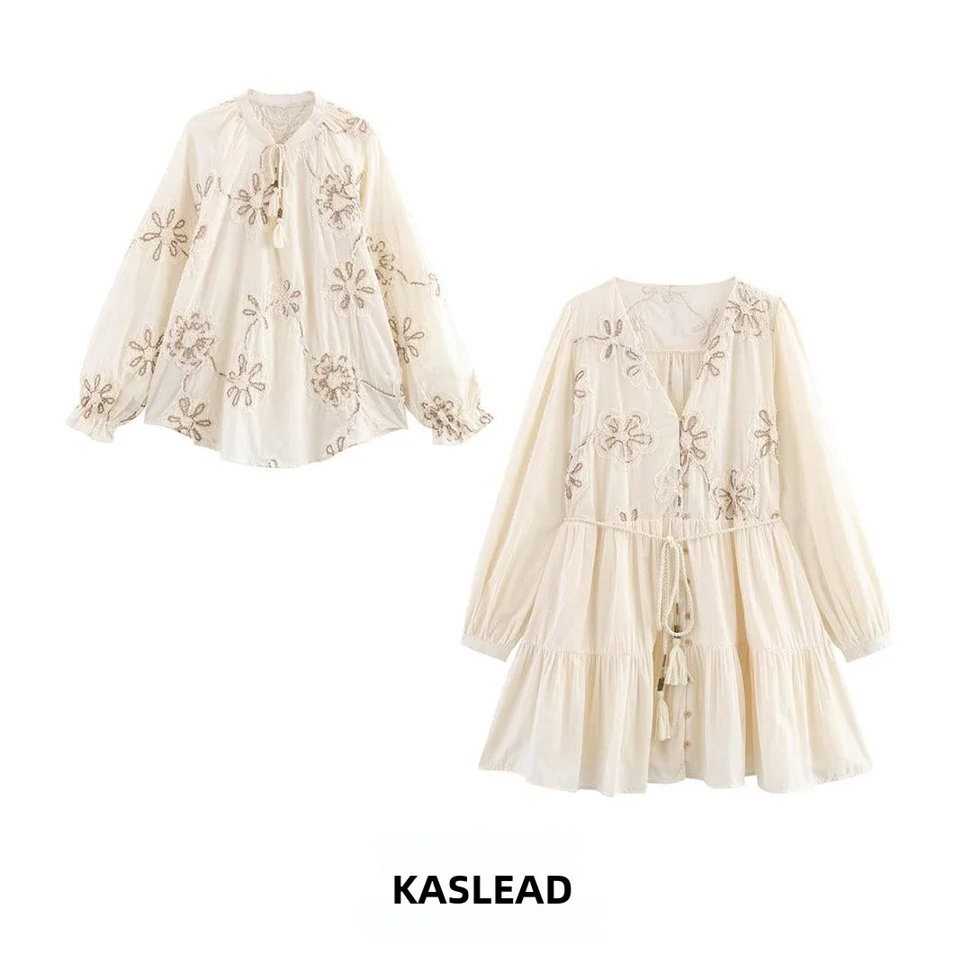 

Женское платье-рубашка с цветочной вышивкой, длинный рукав, уличный стиль, зимняя мода, комплект из трех предметов, без бренда, без зарегистрированной торговой марки