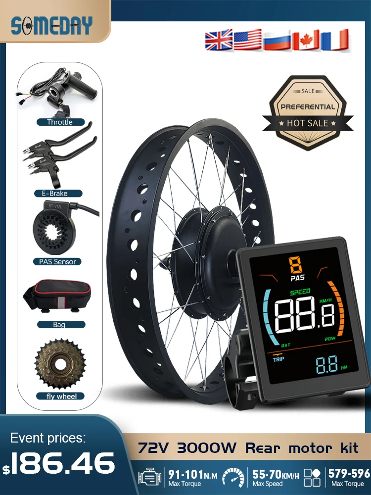 AliExpress someday Ebike Fat Tire Conversion Kit 72V 3000W Rear Rotate Hub Motor Wheel 20/24/26 inch Dropout 170mm for Snow Electric Bicycle