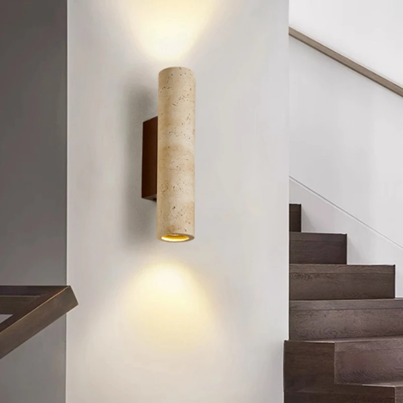 ●LED Wall Light Modern Simple Natural Yellow Travertine Wall Light with Up and Down Light for Bedroom Living Room Hallway-A57M