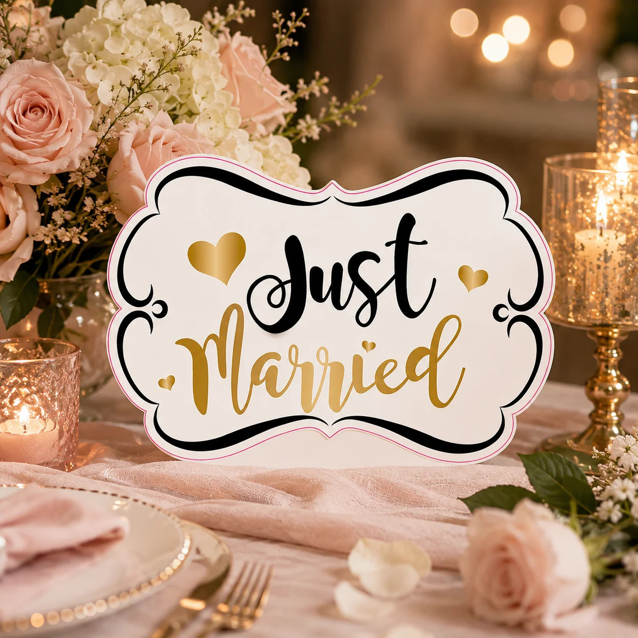 1PC Just Married Wedding Sign, White Gold Bridal Photo Prop, Wedding Reception Table Decoration, Bride Groom Party Decor