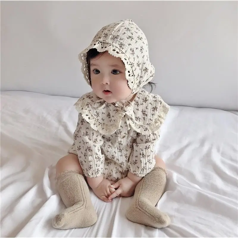 Baby-Mädchen-Strampler mit Blumenmuster, Spitzen-Peter-Pan-Kragen, Langarm-Bubble-Body mit Haube, Weiches, Atmungsaktives Outfit für Frühling und Herbst – Detail 6