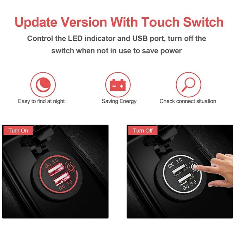 Smart-2X QC 3.0 Dual USB Charger Socket,Waterproof 12V/24V USB Outlet With Touch-Switch For Car, Marine,Boat,RV,Motorcycle,Red