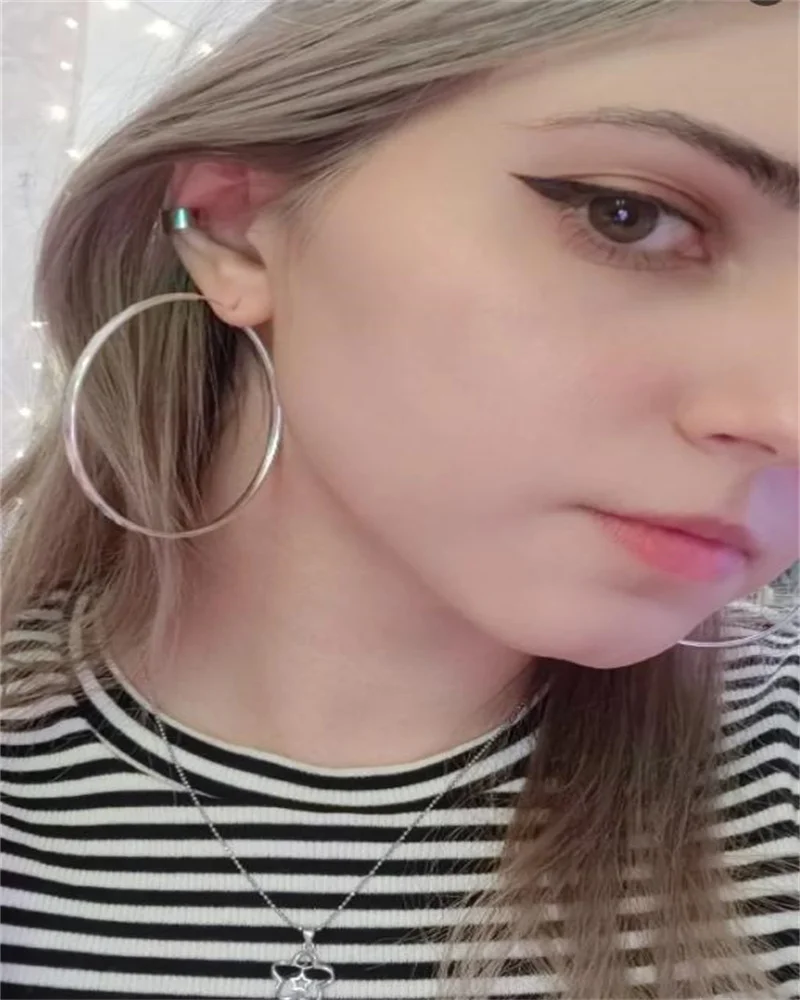 316L Edelstahl 3-7cm Minimalistische Große Kreis-Ohrringe für Damen Trendige Silberfarbene Metall-Glatte Runde Ohrringe Schmuck – Detail 11