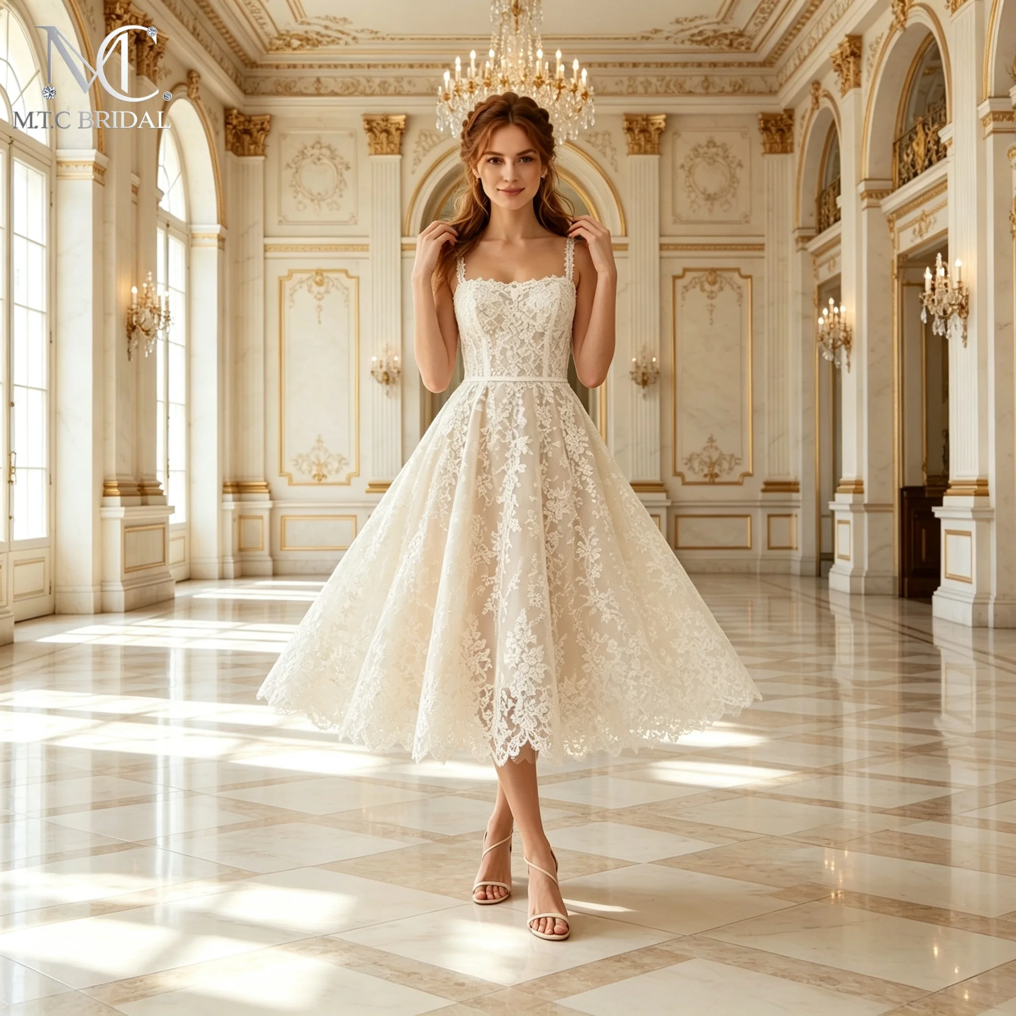 High Quality 2026 Lace Wedding Dress A Line Spaghetti Straps Tea Length Lace Up Back Elegant Bridal Gowns Vestido De Noiva
