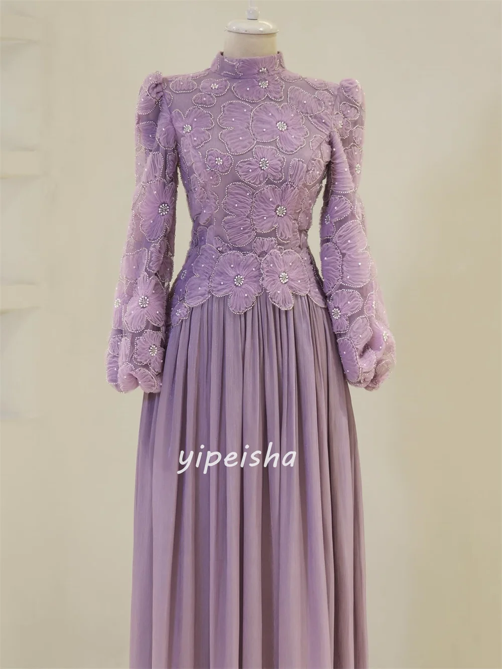 Personnalisé de haute qualité mode en mousseline de soie à la main fleur perles droite col haut robes longues sur mesure robes d'occasion rétro