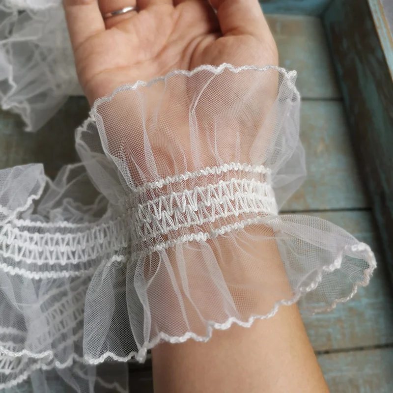 10CM szerokości czarny biały Stretch Mesh plisowane koronki z falbankami tkaniny haftowane wstążki sukienka kołnierz wykończenia Handmade DIY sztuka