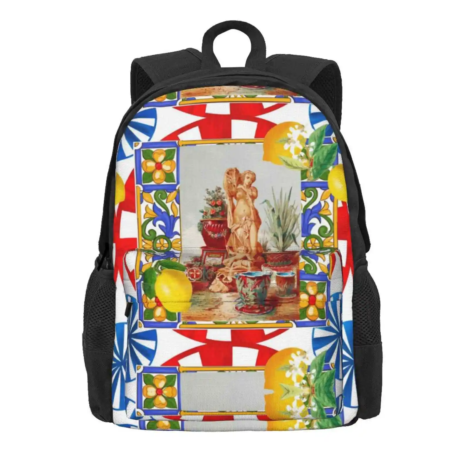 Italian,Sicilian Art,Majolica,Tiles,Baroque Art Hot Sale Schoolbag Backpack Fashion Bags Italian Sicilian Art Maiolica Baroque