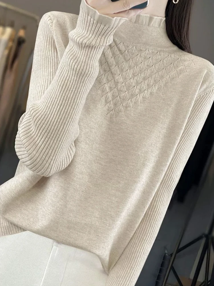 

Корейский стиль: вязаный свитер с кружевом и длинными рукавами, полувысокий воротник, женская модная облегающая зимняя базовая кофта-топ, элегантный стиль C...