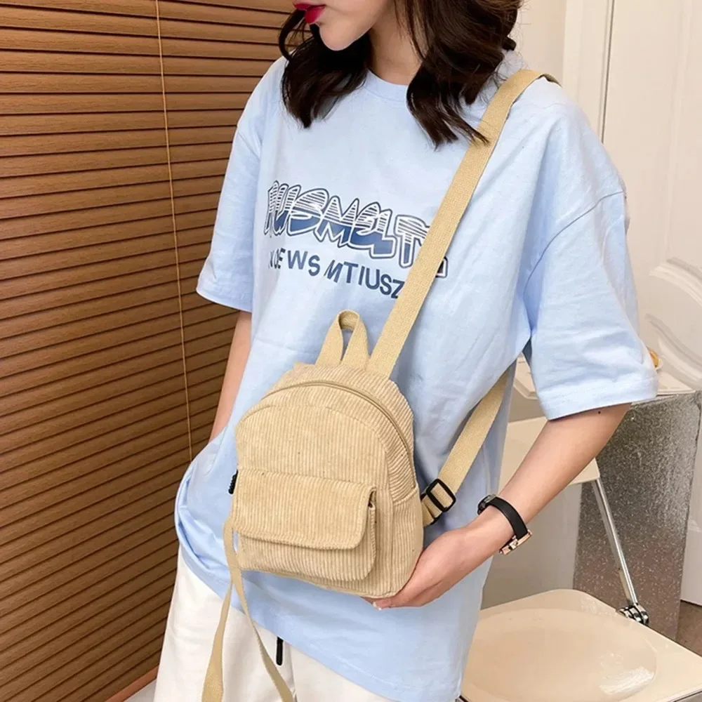 Fashion Women Mini Backpack Solid Color Corduroy Small Backpacks Simple Casual Student Bookbags Traveling Backpacks