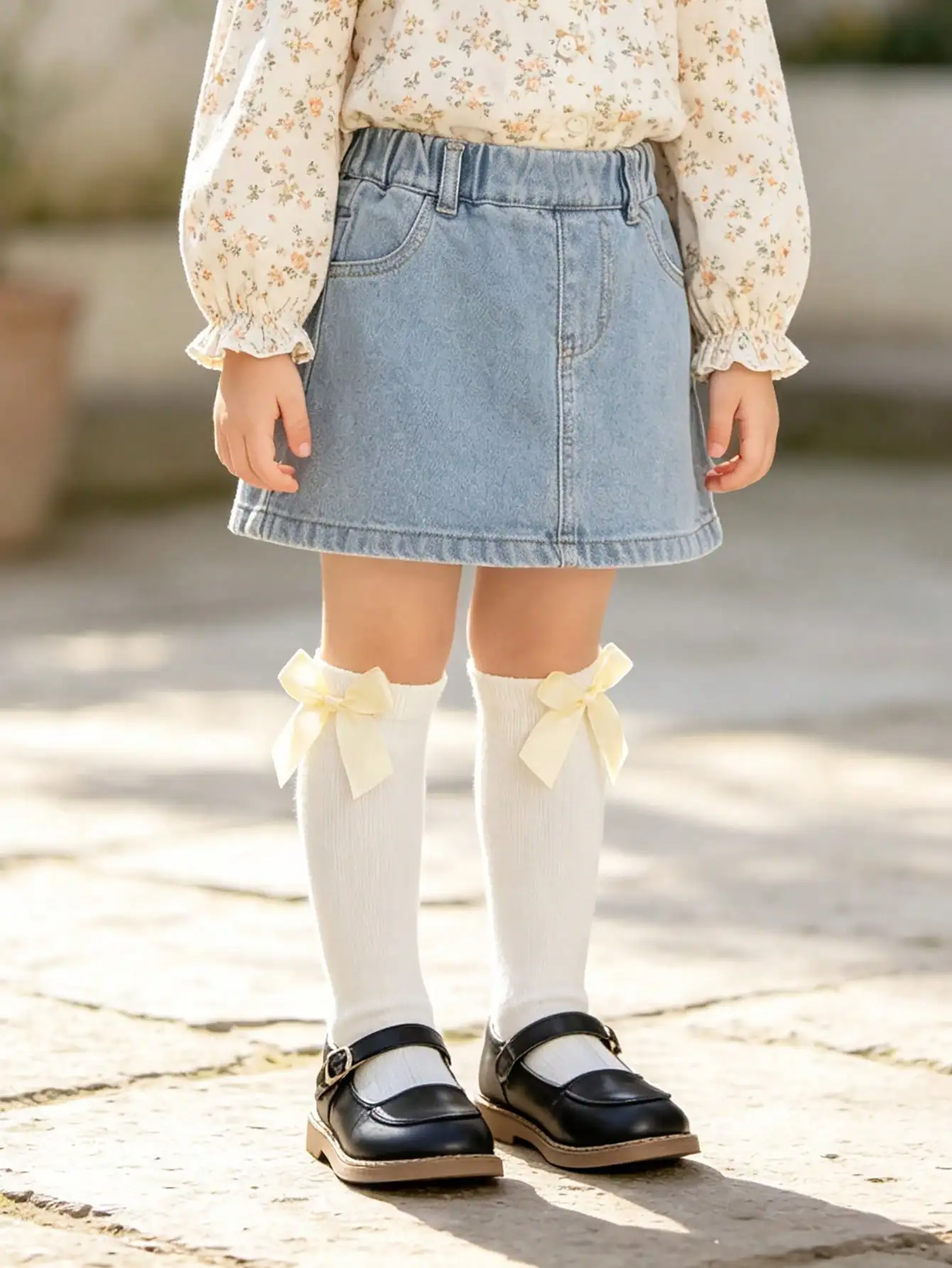 5Pairs Girls 3‑8Y Bow Decor Knee‑High Socks Solid Autumn Winter Calf Socks Back‑to‑School Student Socks For Daily Casual Wear